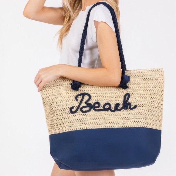 Color Sewn Rope Beach Letter And Strap Crochet Fabric Tote - Picture 2 of 10